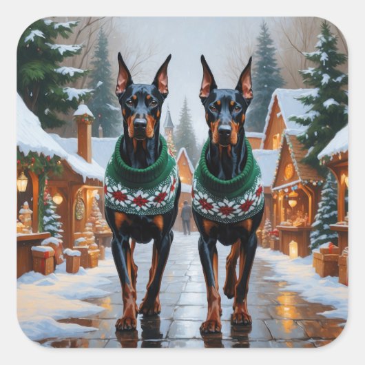 Doberman Dogs Christmas Snow Holiday  Vierkante Sticker (Voorkant)