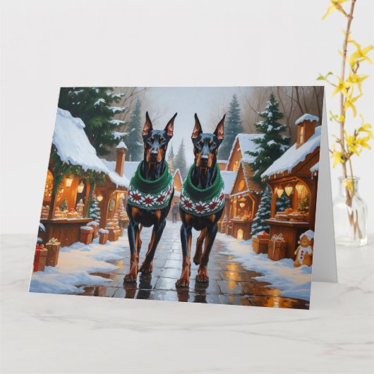 Doberman Dogs Kerstmis Sneeuw Vakantie Kaart (Gele Bloem)