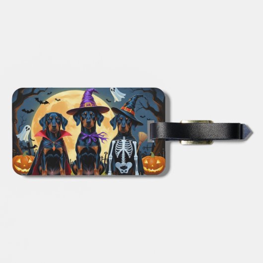 Doberman Dogs Pumpkin Halloween Grappig Bagagelabel (Achterkant horizontaal)