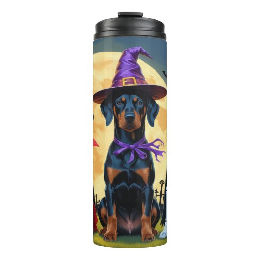 Doberman Dogs Pumpkin Halloween Grappig Thermosbeker (Voorkant)