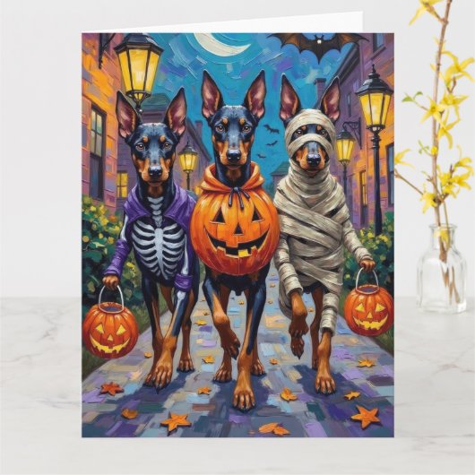 Doberman Dogs Trick-or-Treating Halloween kostuums Kaart (Gele Bloem)