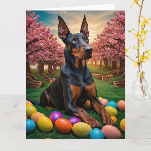 Doberman Easter Eggs Kaart (Gele Bloem)