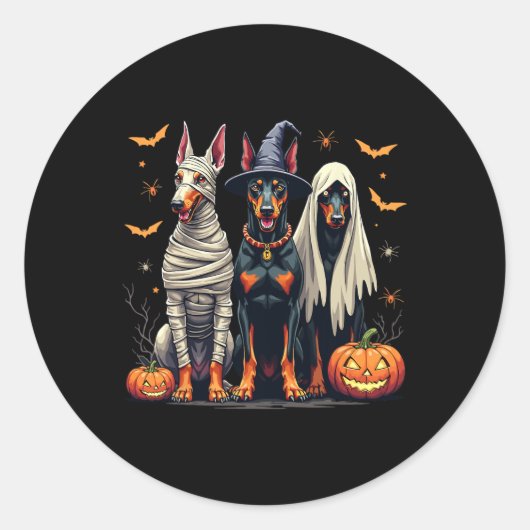 Doberman Halloween kostuum Mummy Witch Ghost Ronde Sticker (Voorkant)