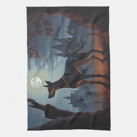 Doberman Halloween Scary Theedoek (Verticaal)