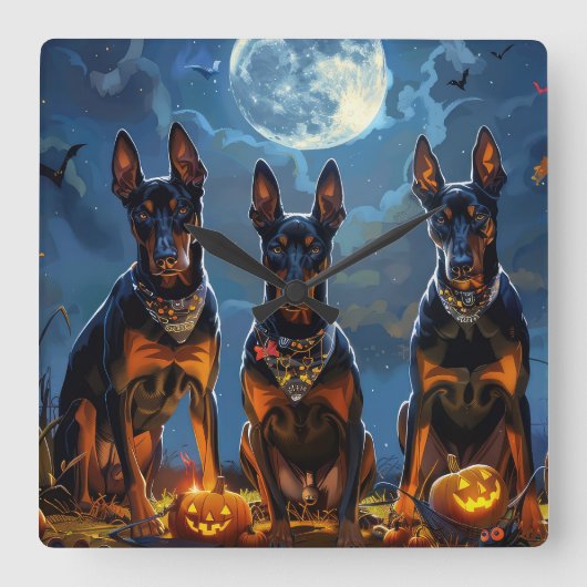 Doberman Halloween Spooky Vierkante Klok (Voorkant)
