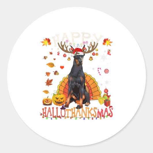 Doberman Happy Halothanksmas Halloween Ronde Sticker (Voorkant)
