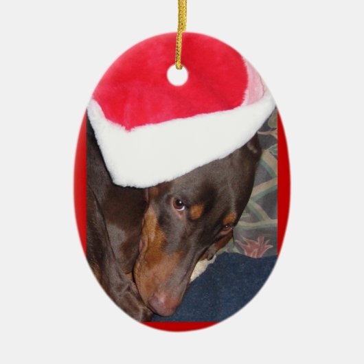 Doberman (Hero) in Santa Hat Keramisch Ornament (Voorkant)