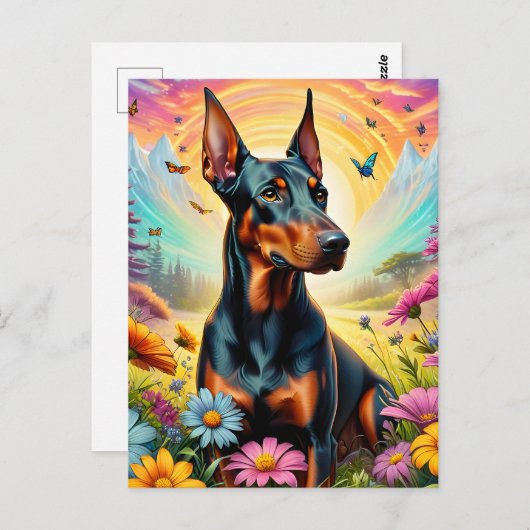 Doberman Hond, Bloemen en Bergscène Briefkaart (Voorkant / Achterkant)