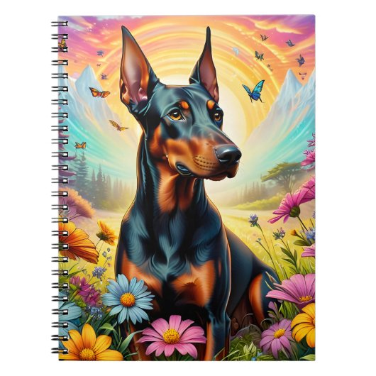 Doberman Hond, Bloemen en Bergscène Notitieboek (Voorkant)