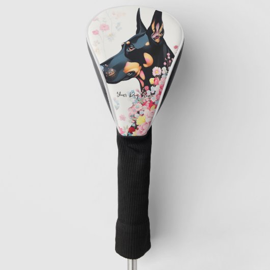 Doberman Hond en Bloemen 004 - Kleersieraad Golfheadcover (Voorkant)