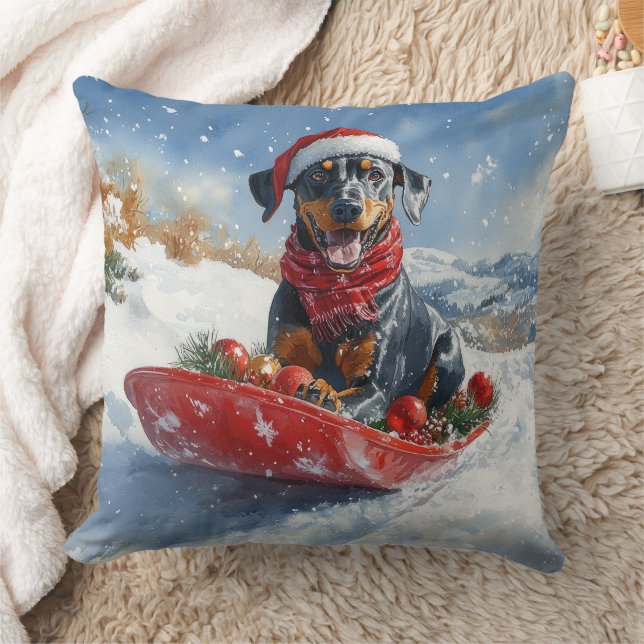 Doberman hond in slee laat het sneeuwen Kerstmis Kussen (Deken)