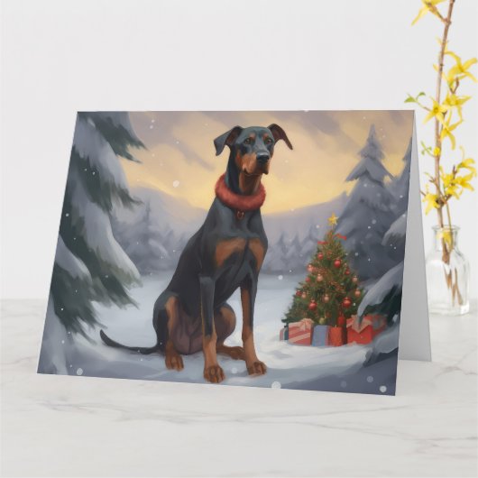 Doberman Hond in Sneeuw Kerstmis Kaart (Gele Bloem)