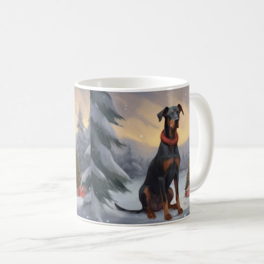 Doberman Hond in Sneeuw Kerstmis Koffiemok (Voorkant rechts)