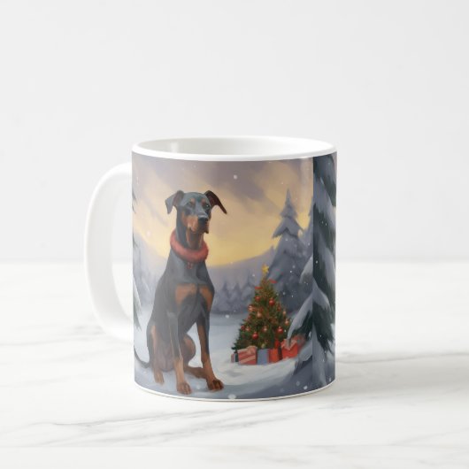 Doberman Hond in Sneeuw Kerstmis Koffiemok (Voorkant links)