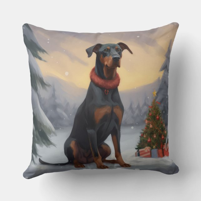 Doberman Hond in Sneeuw Kerstmis Kussen (Achterkant)