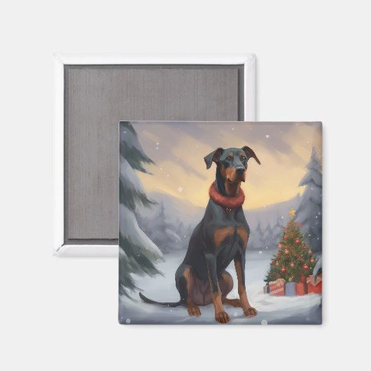 Doberman Hond in Sneeuw Kerstmis Magneet (Voorkant / Achterkant)