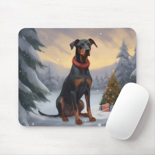 Doberman Hond in Sneeuw Kerstmis Muismat (Met muis)