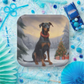 Doberman Hond in Sneeuw Kerstmis Papieren Bordje (Feest)