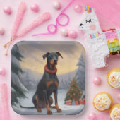 Doberman Hond in Sneeuw Kerstmis Papieren Bordje (Feest)