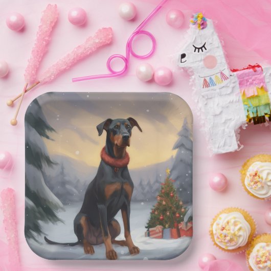Doberman Hond in Sneeuw Kerstmis Papieren Bordje (Feest)