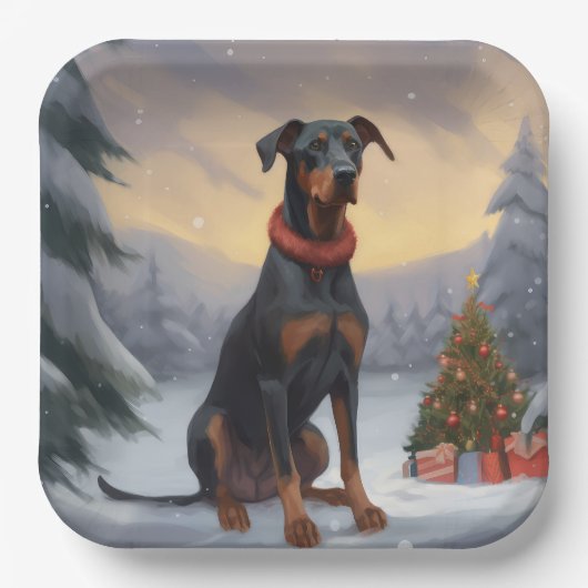 Doberman Hond in Sneeuw Kerstmis Papieren Bordje (Voorkant)