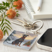 Doberman Hond in Sneeuw Kerstmis Sleutelhanger (Voorkant Rechts)