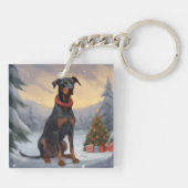Doberman Hond in Sneeuw Kerstmis Sleutelhanger (Achterkant)