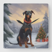 Doberman Hond in Sneeuw Kerstmis Vierkante Klok (Voorkant)