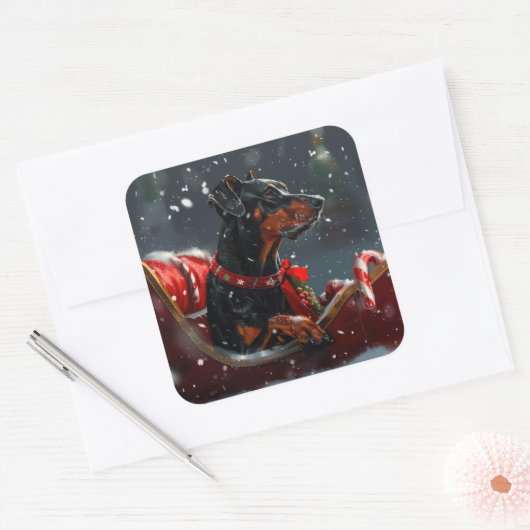 Doberman Hond Kerstfeest Vierkante Sticker (Envelop)