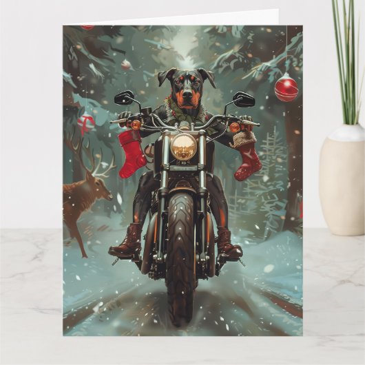 Doberman Hond Rijden Motorfiets Kerstmis Kaart (Voorkant)