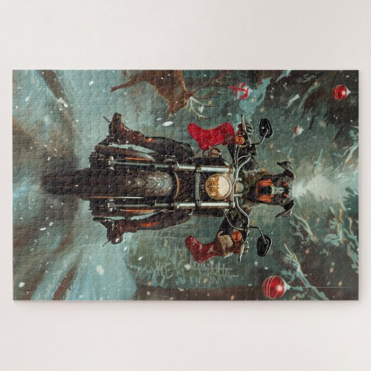 Doberman Hond Rijden Motorfiets Kerstmis Legpuzzel (Horizontaal)