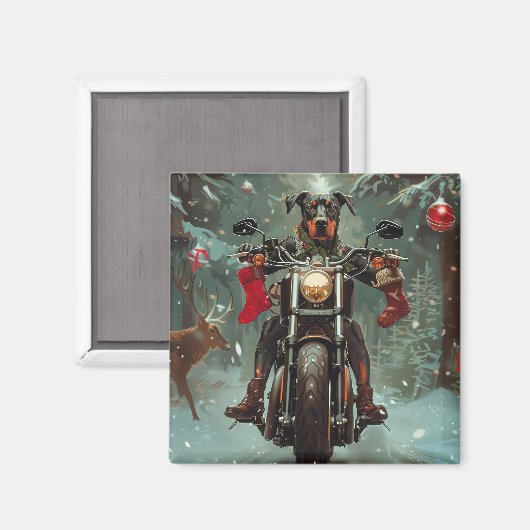 Doberman Hond Rijden Motorfiets Kerstmis Magneet (Voorkant / Achterkant)