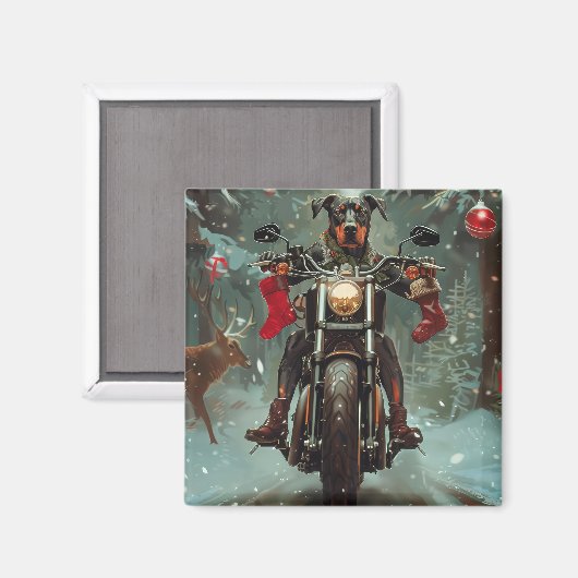 Doberman Hond Rijden Motorfiets Kerstmis Magneet (Voorkant / Achterkant)