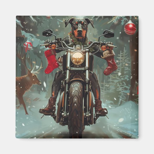 Doberman Hond Rijden Motorfiets Kerstmis Magneet (Voorkant)