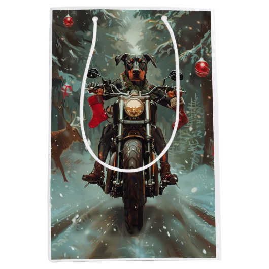 Doberman Hond Rijden Motorfiets Kerstmis Medium Cadeauzakje (Voorkant)
