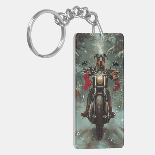 Doberman Hond Rijden Motorfiets Kerstmis Sleutelhanger (Voorkant Links)