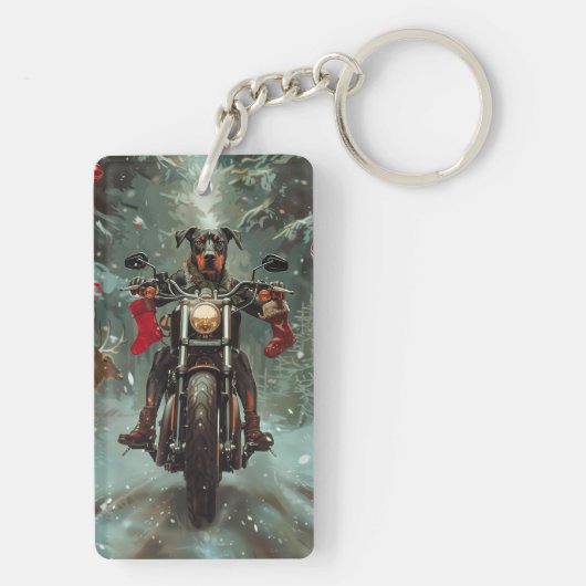 Doberman Hond Rijden Motorfiets Kerstmis Sleutelhanger (achterkant)