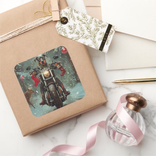 Doberman Hond Rijden Motorfiets Kerstmis Vierkante Sticker (Geschenken)