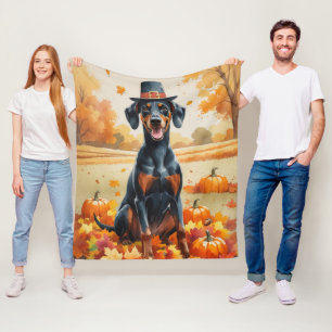 Doberman in Autumn verlaat Thanksgiving Fleece Deken