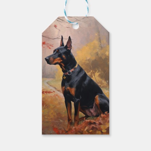 Doberman in de herfst laat Herfst inspireren Cadeaulabel (Voorkant)