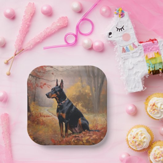 Doberman in de herfst laat Herfst inspireren Papieren Bordje (Feest)