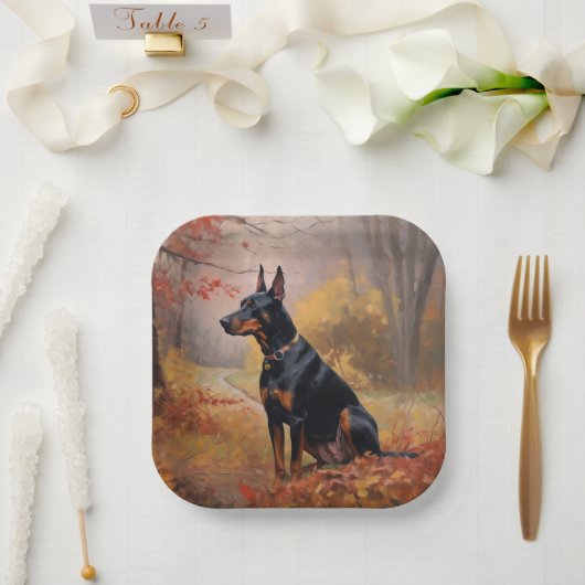 Doberman in de herfst laat Herfst inspireren Papieren Bordje (Huwelijk)
