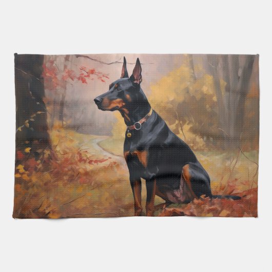 Doberman in de herfst laat Herfst inspireren Theedoek (Horizontaal)