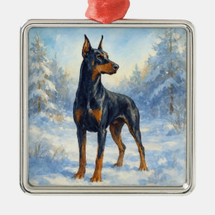 Doberman in de wintersneeuw metalen ornament