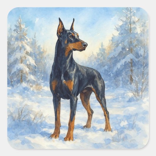 Doberman in de wintersneeuw vierkante sticker (Voorkant)