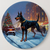 Doberman Kerst Feestelijk Seizoen Ronde Button 6,0 Cm (Voorkant)