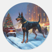 Doberman Kerst Feestelijk Seizoen Ronde Sticker (Voorkant)