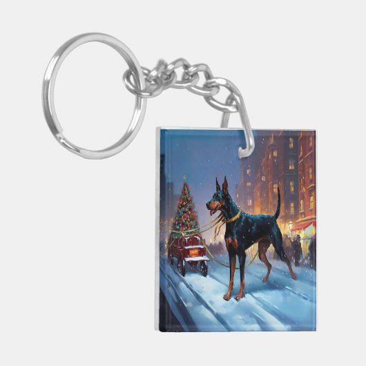 Doberman Kerst Feestelijk Seizoen Sleutelhanger (Voorkant Links)