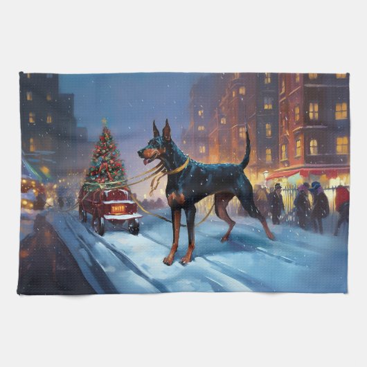Doberman Kerst Feestelijk Seizoen Theedoek (Horizontaal)
