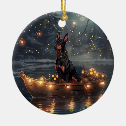 Doberman Kerstfeest reis Keramisch Ornament (Voorkant)